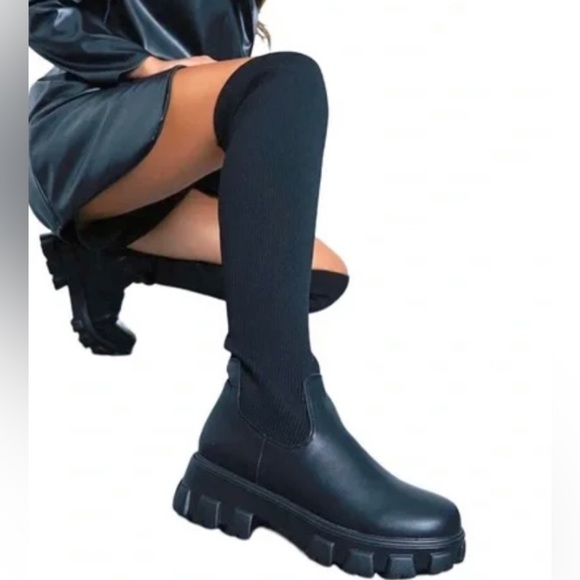 Knitted Thigh High Chunky Heel Boots - Picture 1 of 16